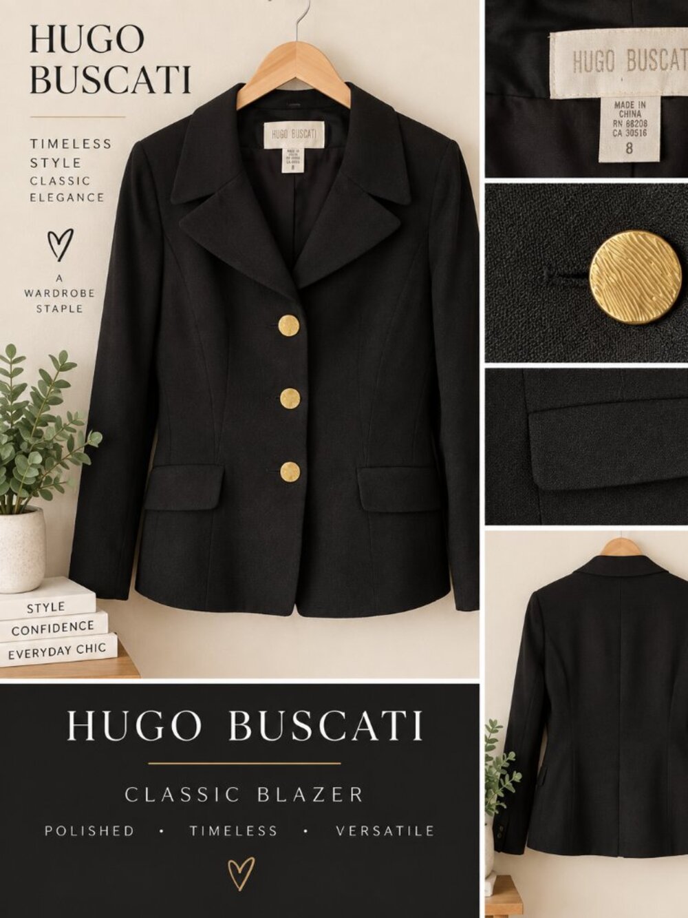 Hugo Buscati Woman Black Blazer with Gold Buttons Sz 8